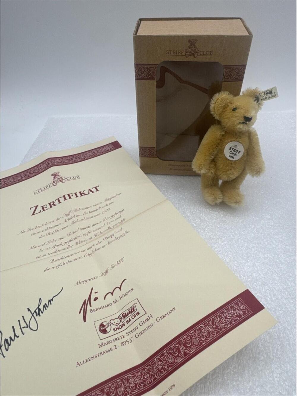 STEIFF Club 3.5” Teddy Bear 1997 / 1998 Blonde Mohair w/ Box & COA Replica 1922